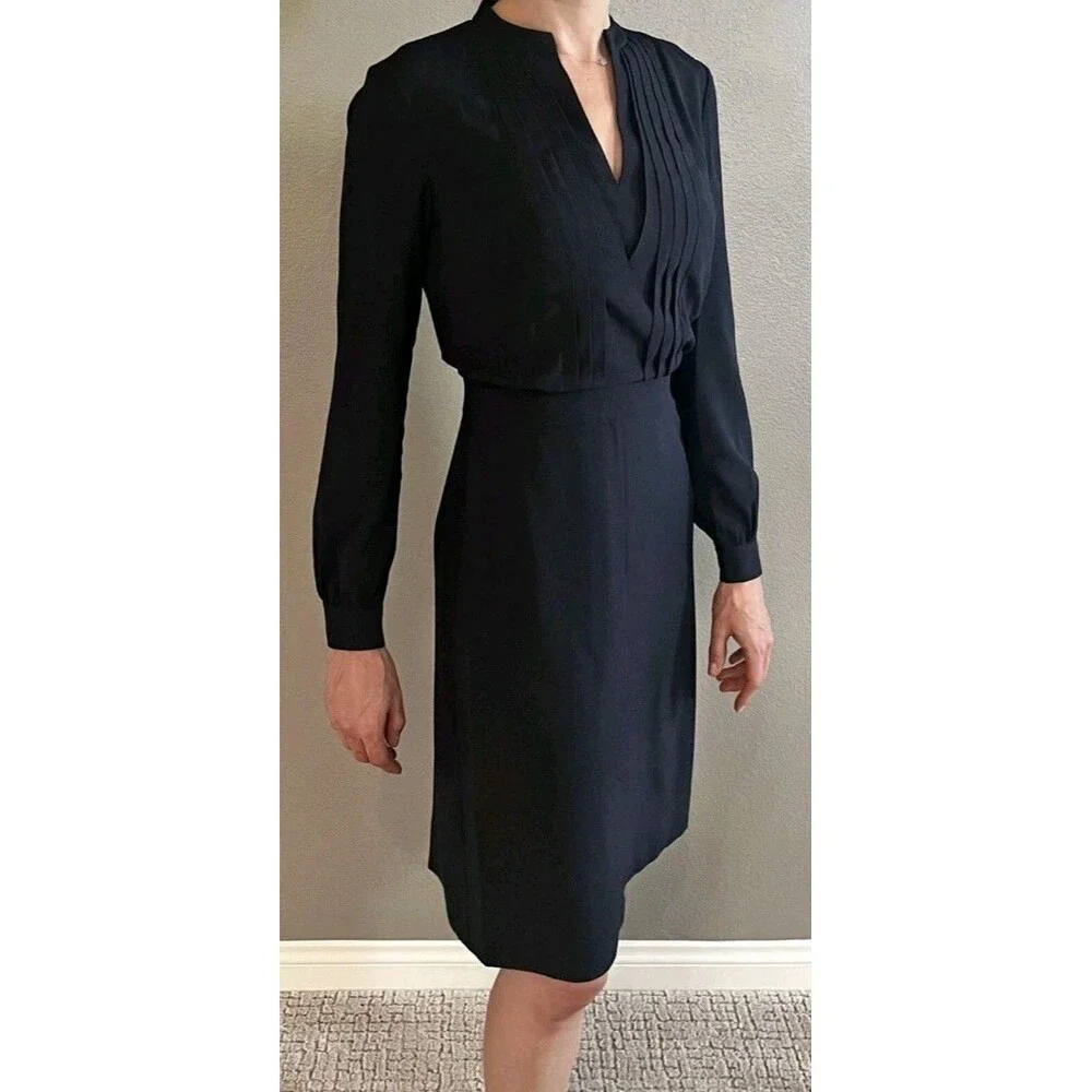 Tory Burch Navy Blue Pencil Dress Size 6 Long Sleeve Midi Pleated Neck New NWT